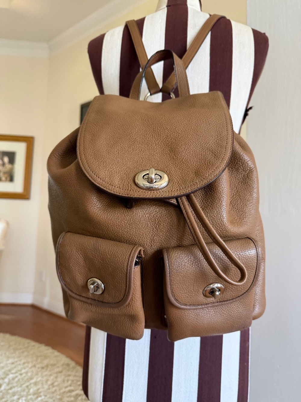 Coach Mocha Pebbled Leather Turnlock Backpack F37582 Gold Hardware